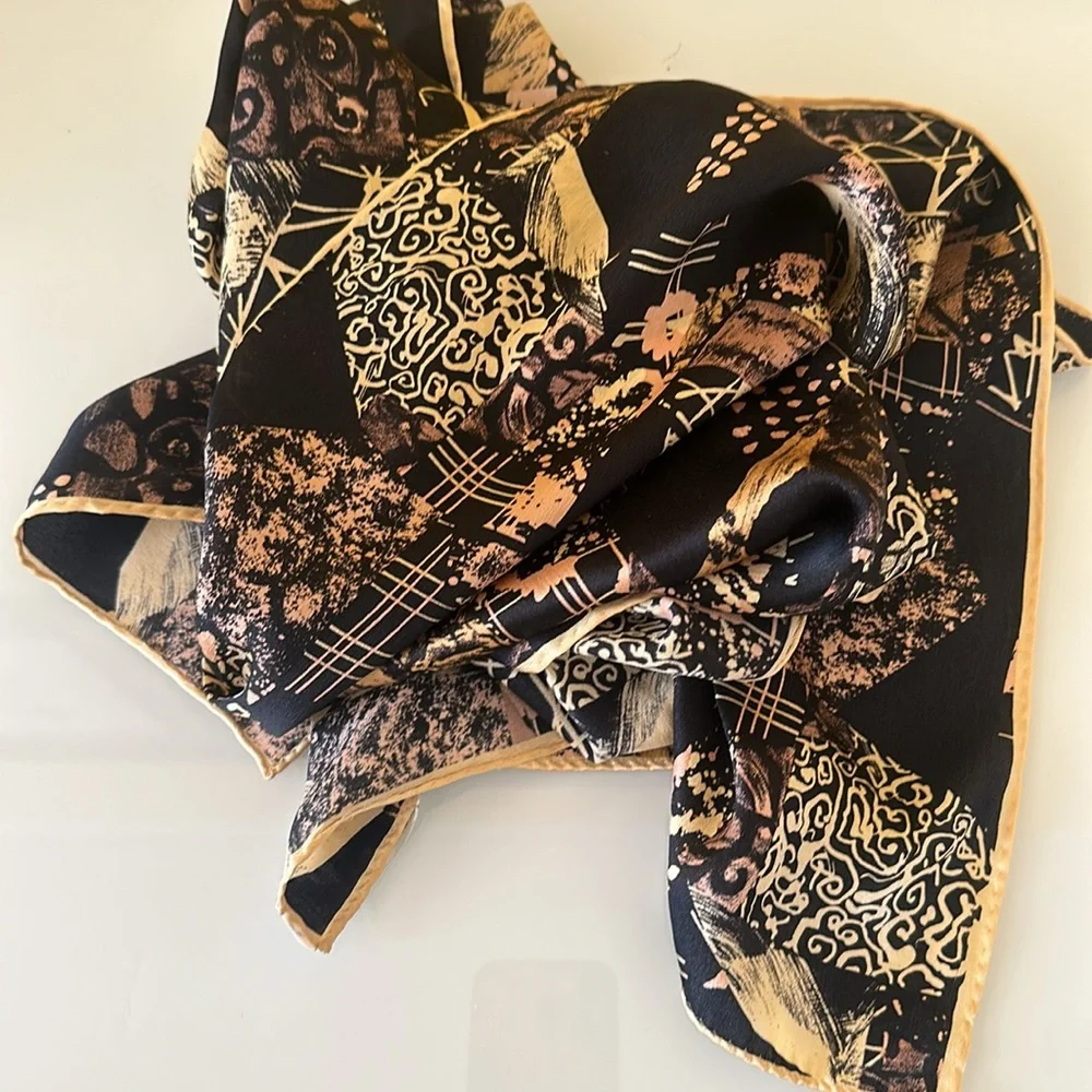 Vintage Echo Signature Black Gold 100% Silk Oblong Scarf Made in Japan